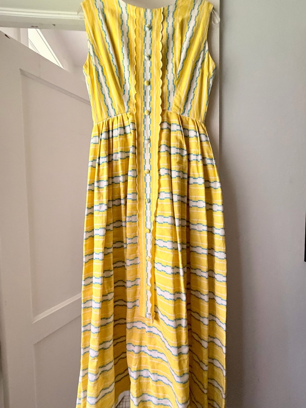 Vintage Sunny Yellow Striped Button-Front Maxi Dress
